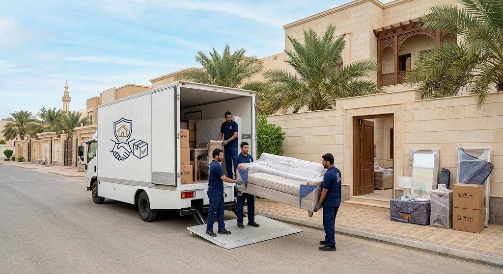 فريق عمل محترف يقوم بتغليف ونقل الأثاث بعناية فائقة ضمن خدمات نقل عفش صامطة بجازان لضمان حماية الممتلكات ووصولها بأمان تام وبدون أي خدوش.