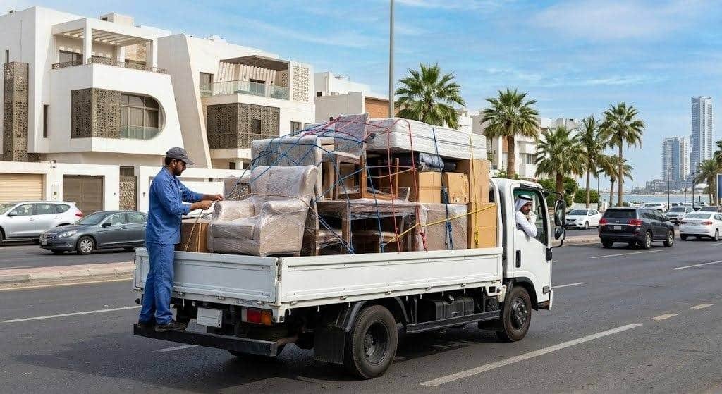 فريق عمل محترف يقوم بتغليف ونقل الأثاث بعناية فائقة ضمن خدمات نقل عفش حي الزهور بجازان لضمان حماية الممتلكات ووصولها بأمان تام وبدون أي خدوش.