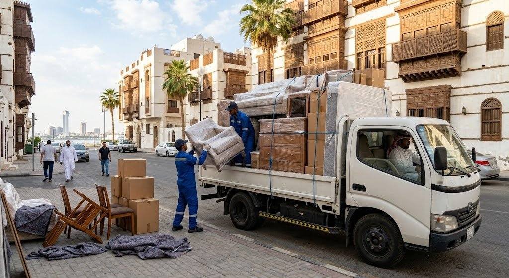 فريق عمل محترف يقوم بتغليف ونقل الأثاث بعناية فائقة ضمن خدمات أفضل نقل أثاث جازان لضمان حماية الممتلكات ووصولها بأمان تام وبدون أي خدوش.