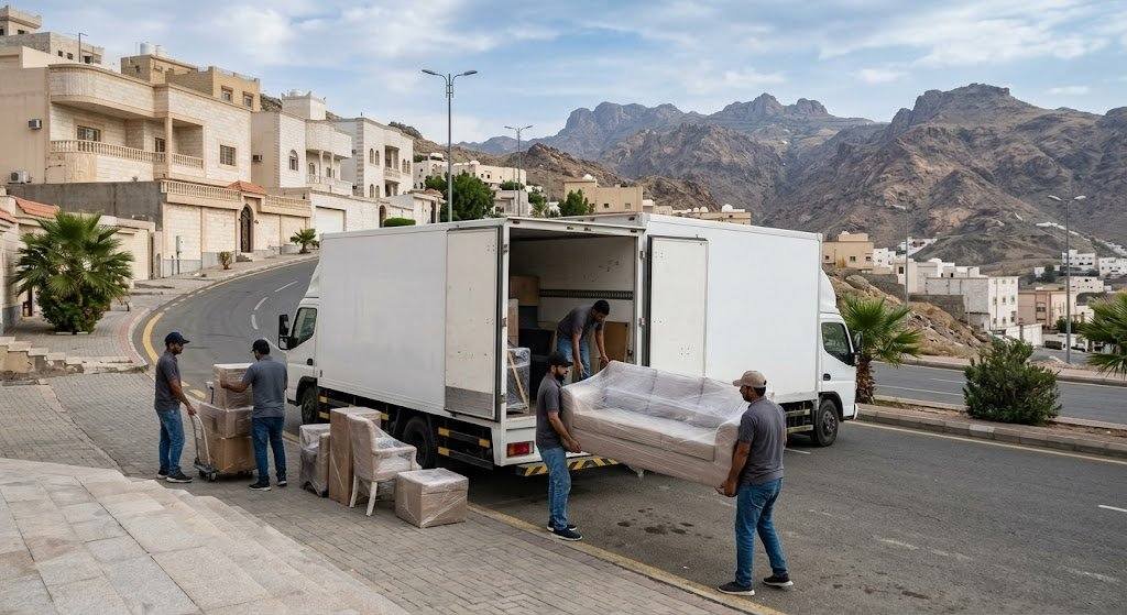 أثاث وصناديق مغلفة باحترافية وأمان وجاهزة للنقل ضمن خدمات نقل عفش حي المطار بجازان لضمان الحفاظ على الممتلكات وتوفير تجربة مريحة.