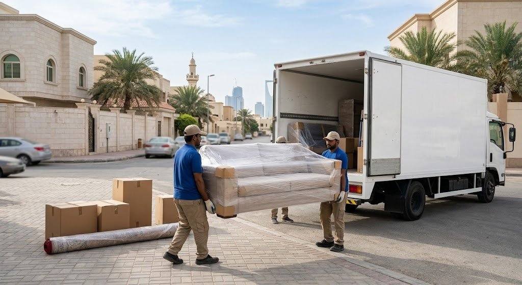فريق عمل محترف يقوم بفك وتغليف ونقل الأثاث بعناية ضمن خدمات نقل عفش حي الروابي بجازان لضمان حماية المنقولات وسلامتها.